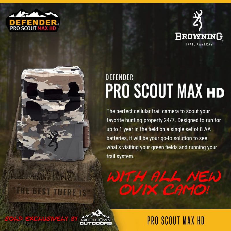 Browning 2024 Defender Pro Scout Max HD 24MP Dual SIM Cellular Trail Camera - Ultra High Gain Antenna, Smart Infrared Video, 100' Detection Range & Smartphone App Compatibility (OVIX Camo)